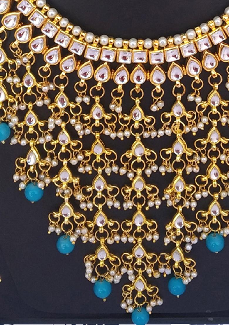 Sky Blue Kundan Stone Work Alloy Necklace Set