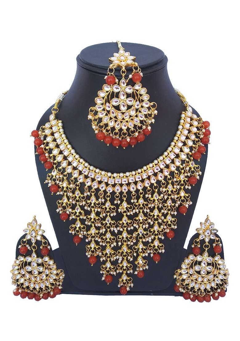 Red Kundan Stone Work Alloy Necklace Set - Indya