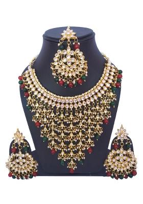 Red And Green Kundan Stone Work Alloy Necklace Set