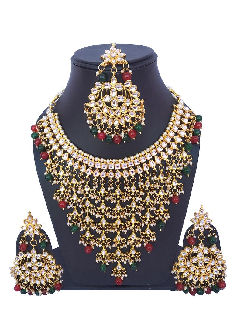 Red And Green Kundan Stone Work Alloy Necklace Set