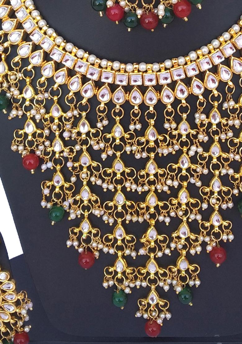 Red And Green Kundan Stone Work Alloy Necklace Set