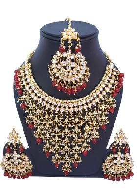 Cherry Red Kundan Stone Work Alloy Necklace Set