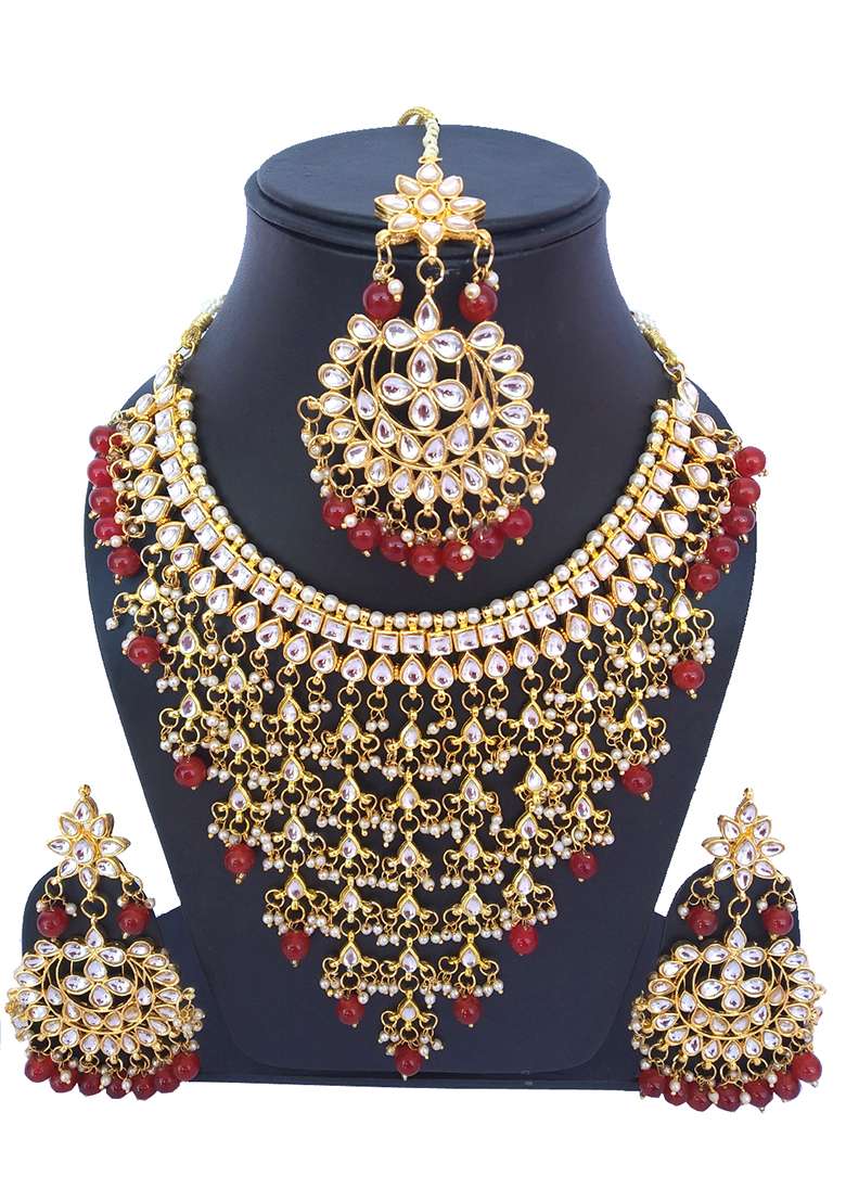 Cherry Red Kundan Stone Work Alloy Necklace Set - Indya
