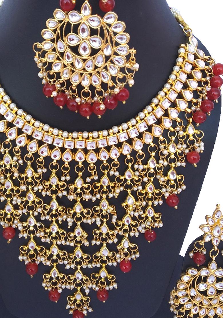 Cherry Red Kundan Stone Work Alloy Necklace Set