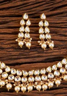 Golden And Cream Kundan Stone Work Alloy Necklace Set