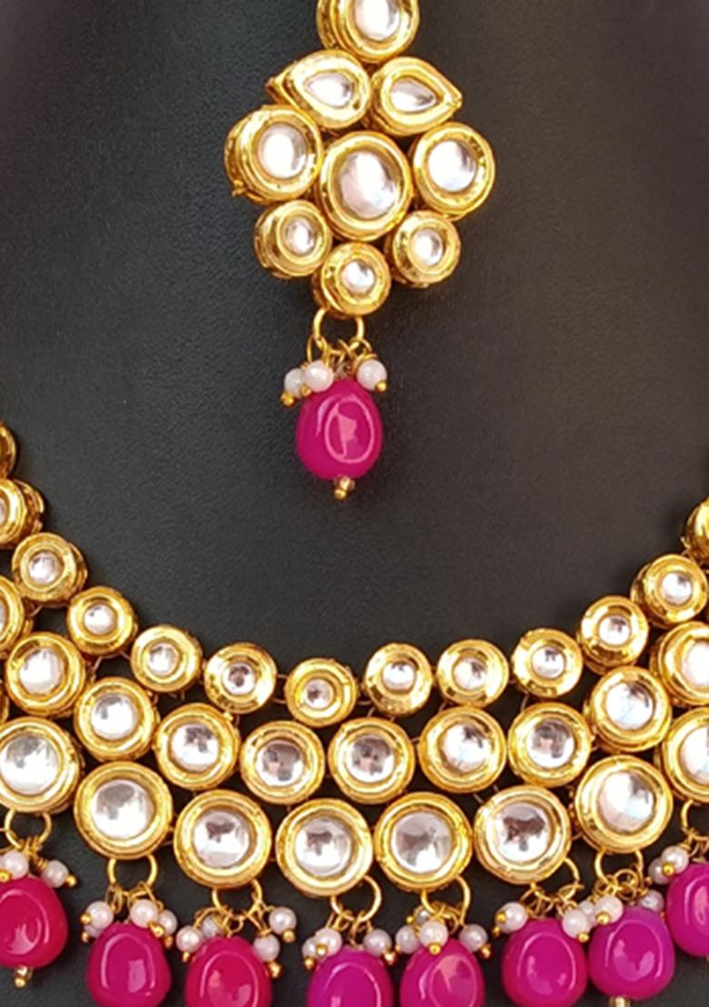 Pink Kundan Stone Work Alloy Necklace Set