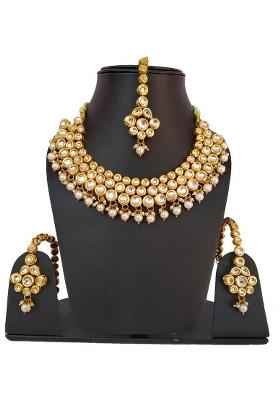 Cream Kundan Stone Work Alloy Necklace Set
