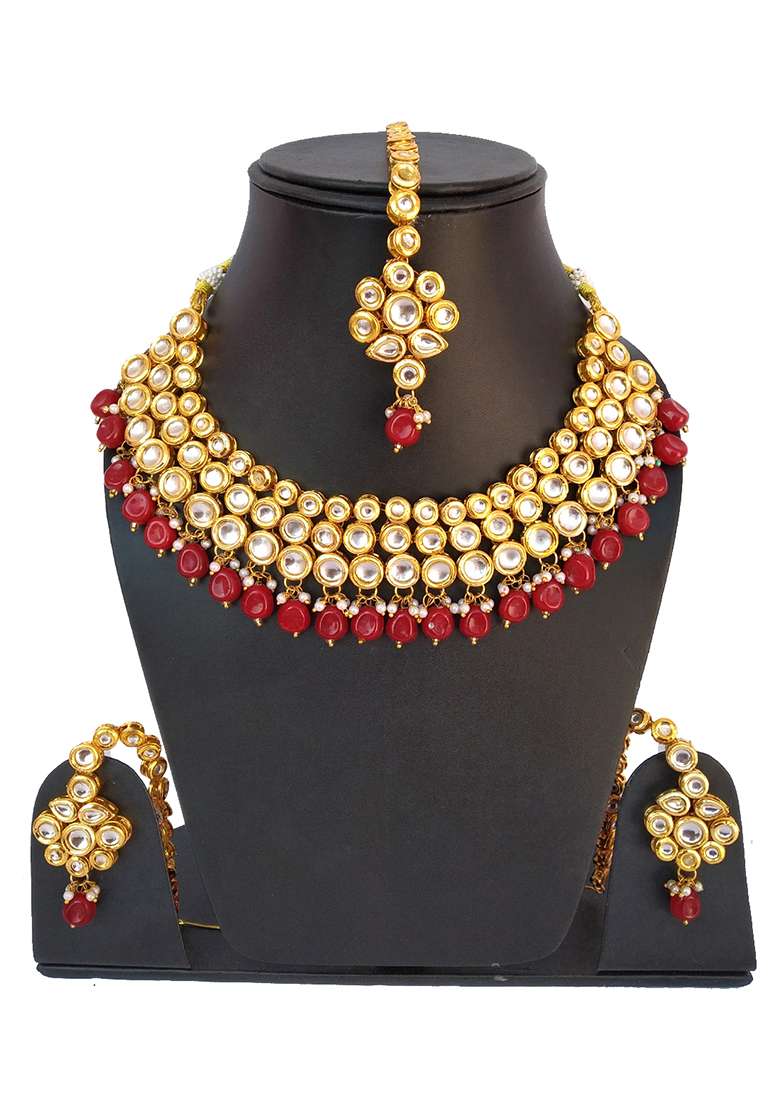 Red Kundan Stone Work Alloy Necklace Set - Indya