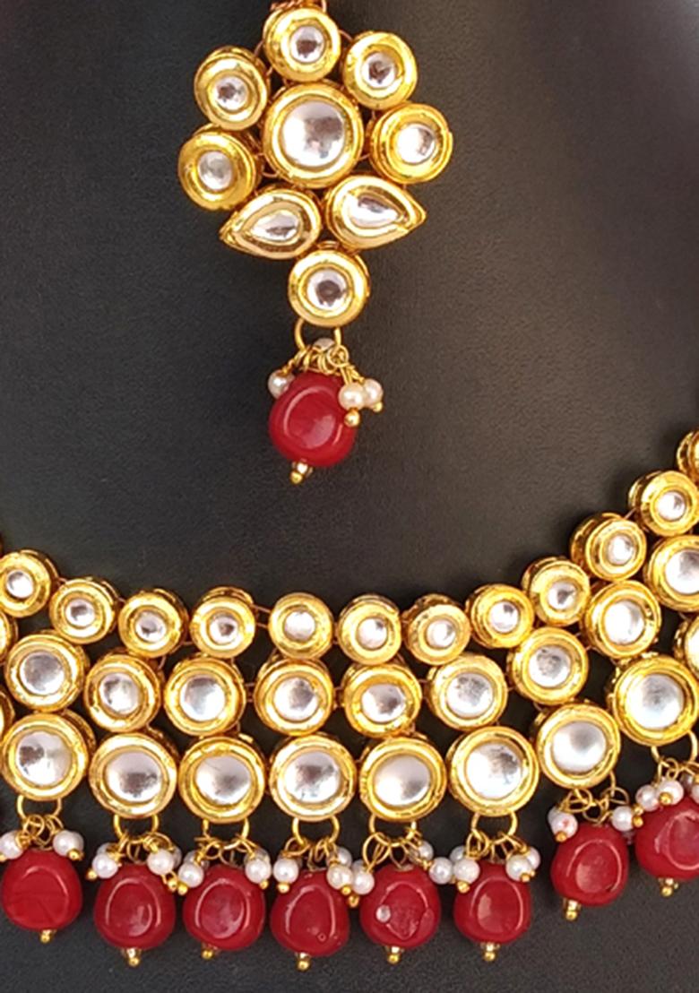 Red Kundan Stone Work Alloy Necklace Set