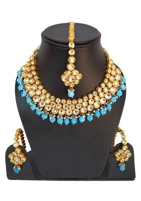 Sky Blue Kundan Stone Work Alloy Necklace Set