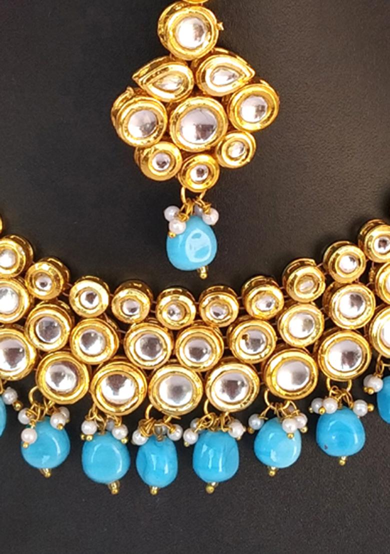 Sky Blue Kundan Stone Work Alloy Necklace Set