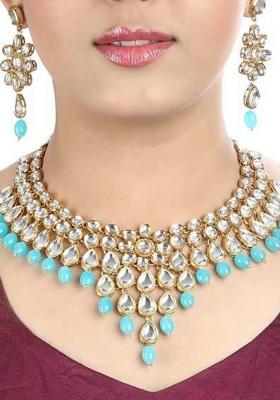 Sky Blue Kundan Stone Work Alloy Necklace Set