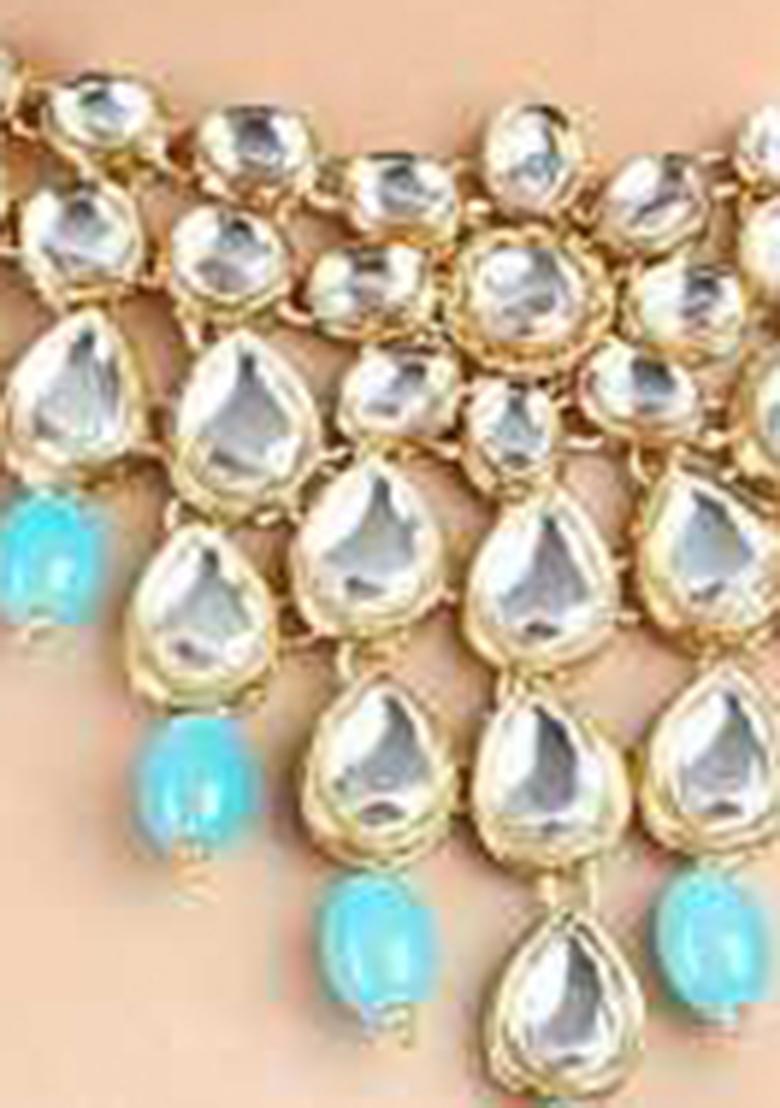 Sky Blue Kundan Stone Work Alloy Necklace Set