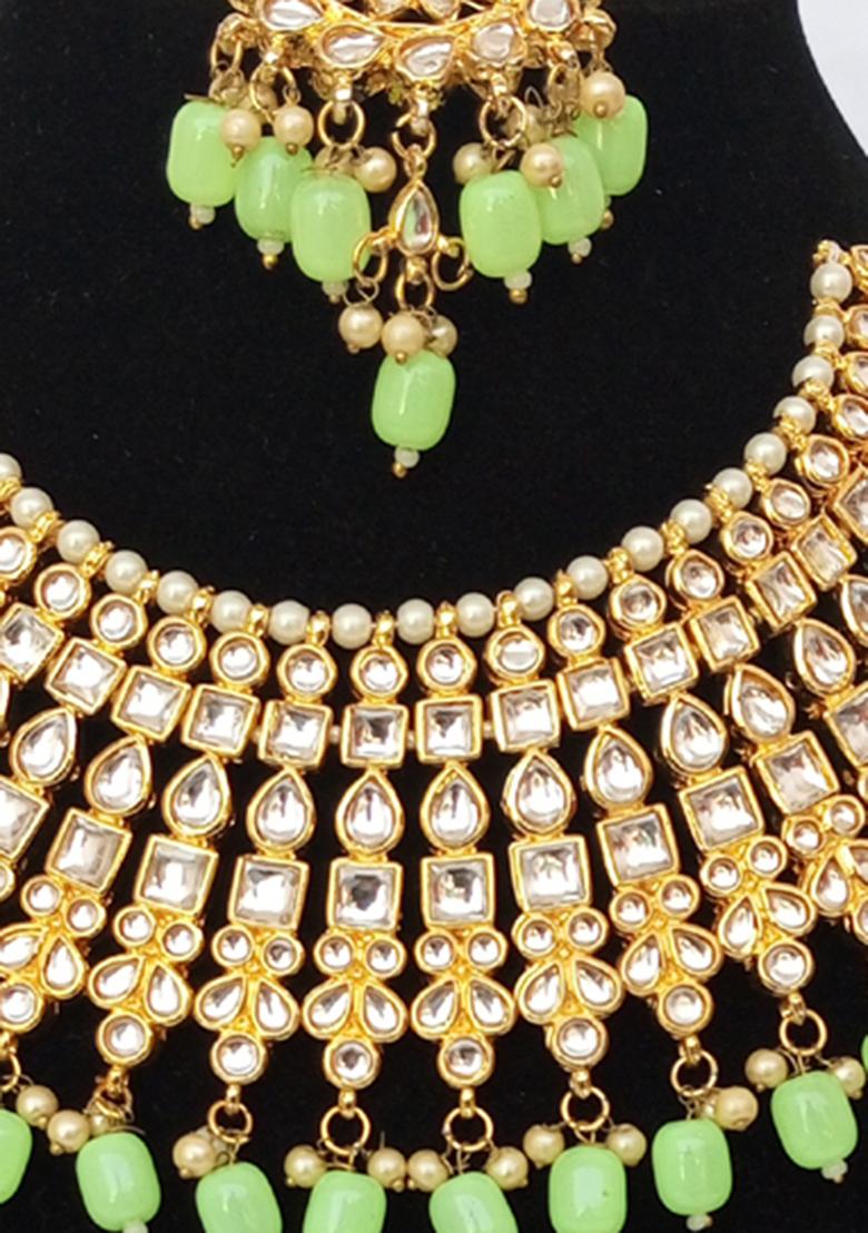 Bottle Green Kundan Stone Work Alloy Jewellery Set