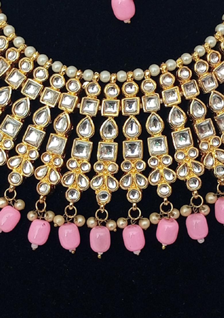 Pink Kundan Stone Work Alloy Jewellery Set