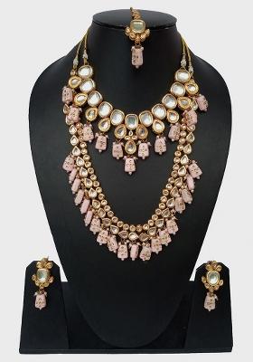 Bottle Green Kundan Stone Work Alloy Jewellery Set