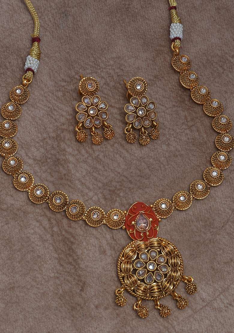 Golden White Polki Necklace - Indya