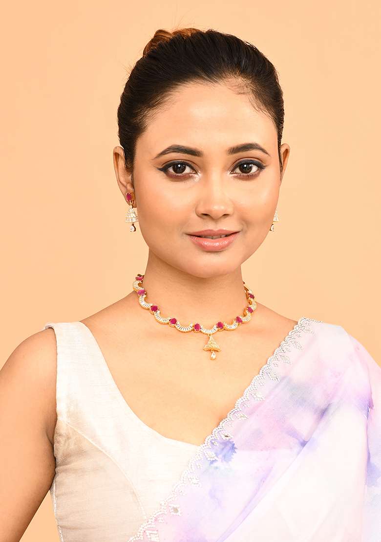 Red Gold Plated Stone Jewellery Set - Indya