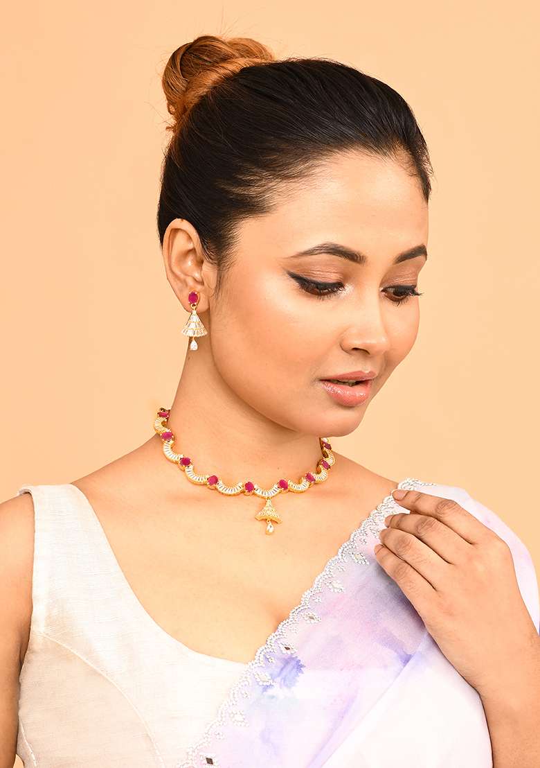 Red Gold Plated Stone Jewellery Set - Indya