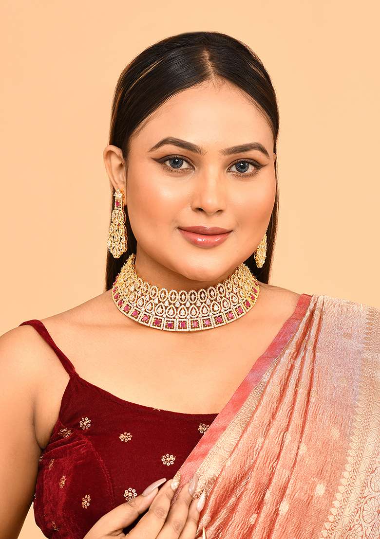Red Gold Plated Stone Jewellery Set - Indya