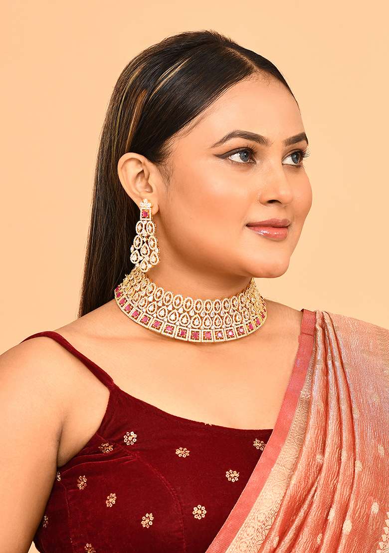 Red Gold Plated Stone Jewellery Set - Indya