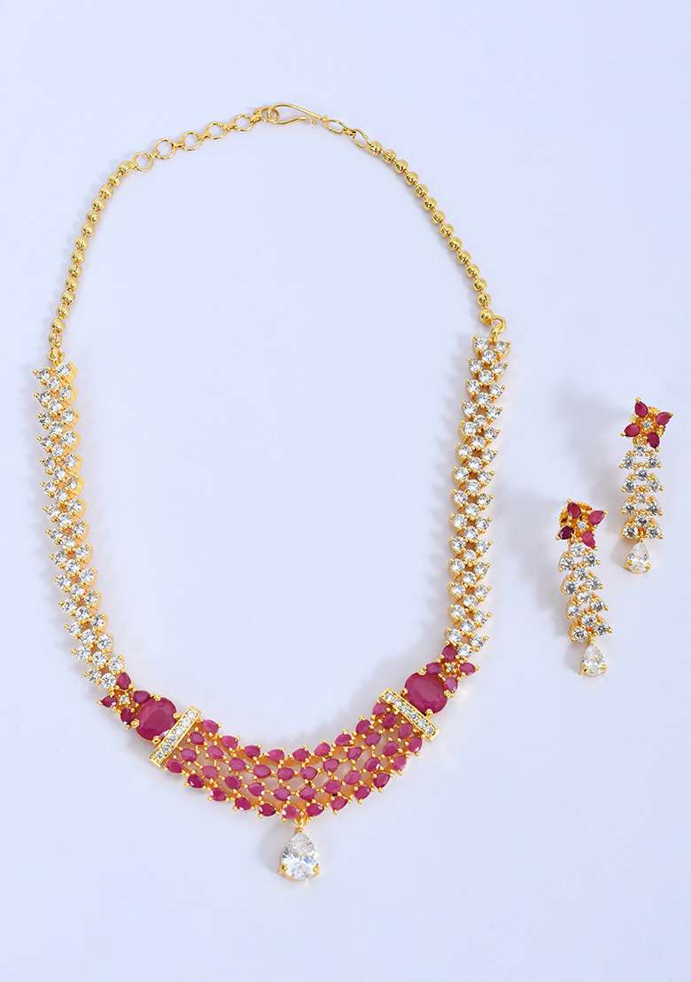Red Gold Plated Stone Jewellery Set - Indya