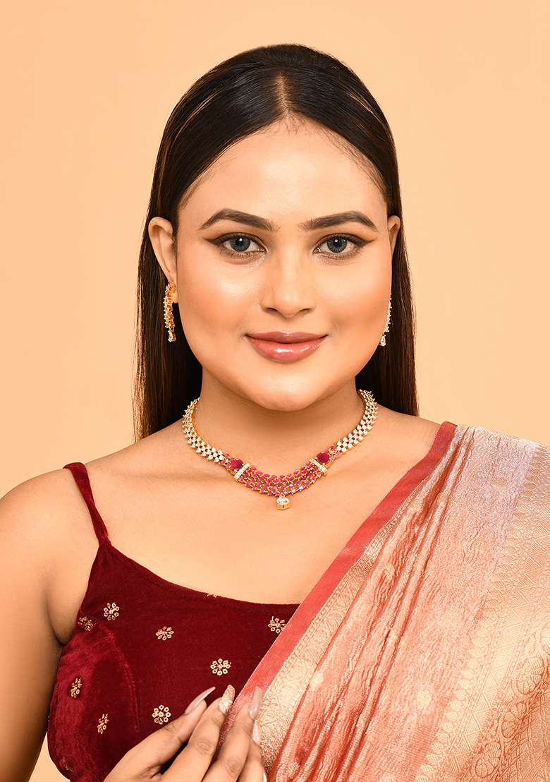Red Gold Plated Stone Jewellery Set - Indya