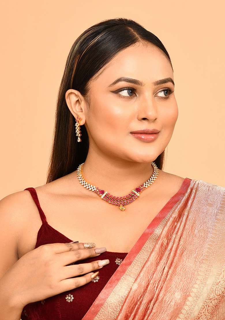 Red Gold Plated Stone Jewellery Set - Indya