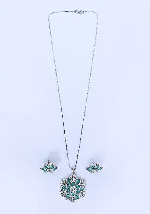Green 1 Designer Pendant With 1 Pair Of Earring And Gold Plated Chain Jewellery Set
