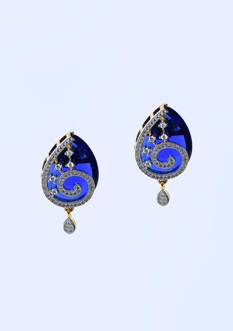 Blue 2 Designer Pendant With 1 Pair Of Earring And Gold Plated Chain Jewellery Set