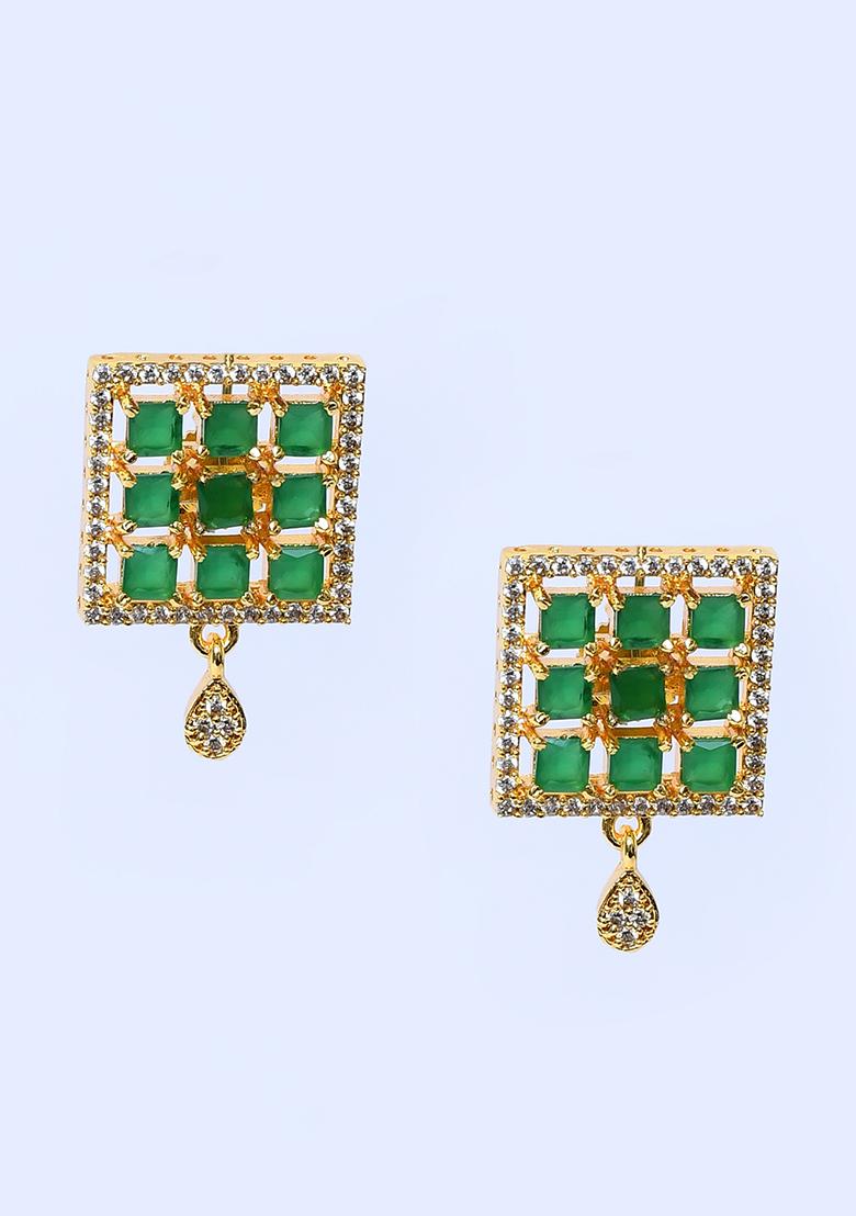 Green 3 Designer Pendant With 1 Pair Of Earring And Gold Plated Chain Jewellery Set