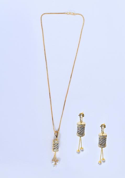 White 4 Designer Pendant With 1 Pair Of Earring And Gold Plated Chain Jewellery Set