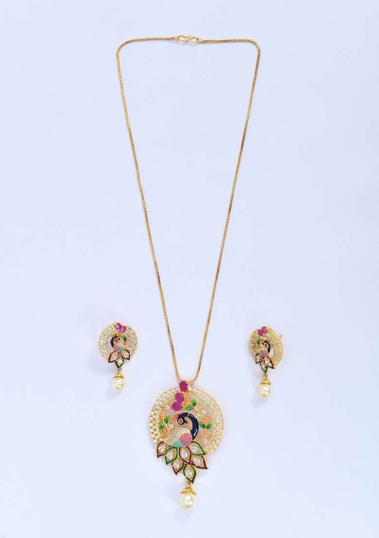 Multi 5 Designer Pendant With 1 Pair Of Earring And Gold Plated Chain Jewellery Set - Indya