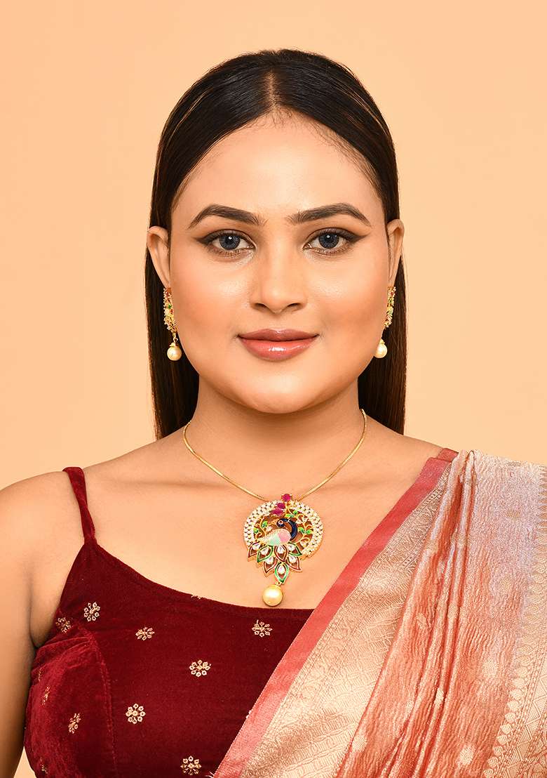 Multi 5 Designer Pendant With 1 Pair Of Earring And Gold Plated Chain Jewellery Set - Indya