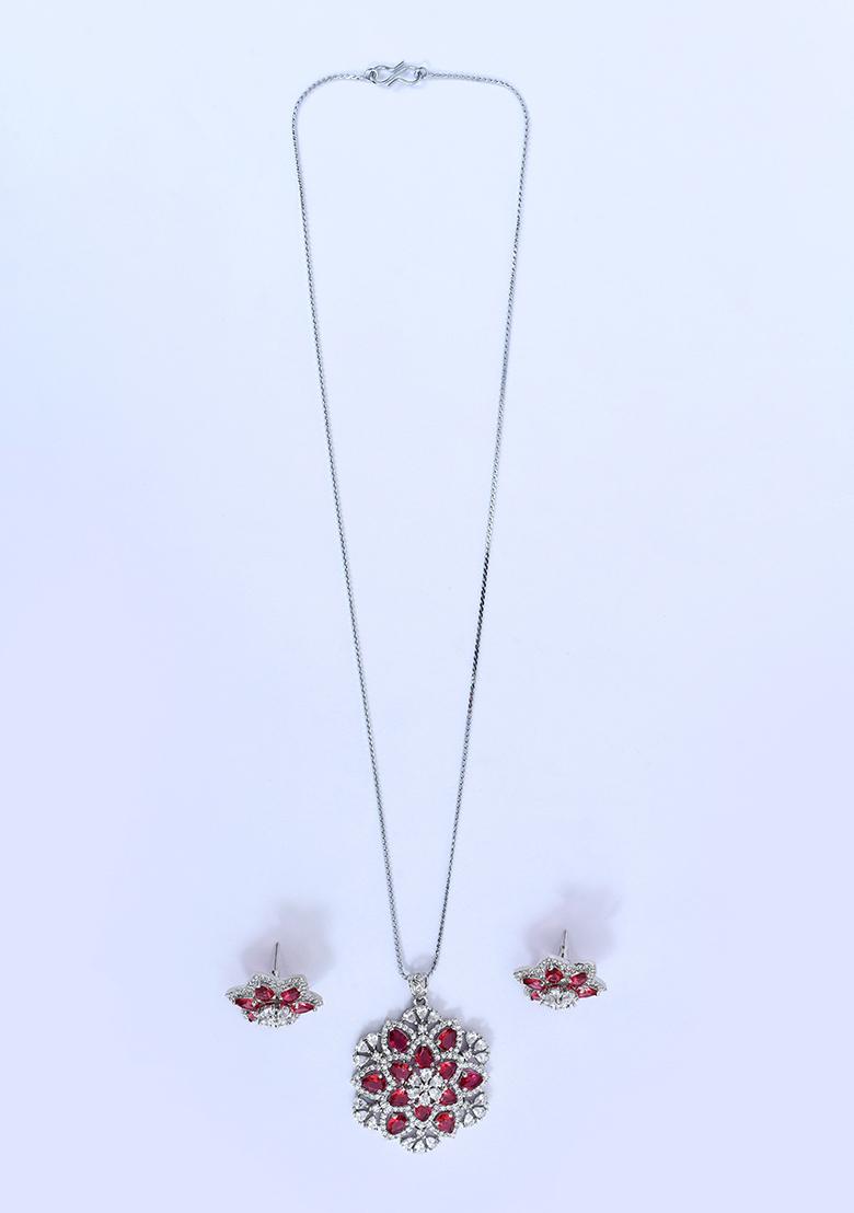 Red 6 Designer Pendant With 1 Pair Of Earring And Gold Plated Chain Jewellery Set