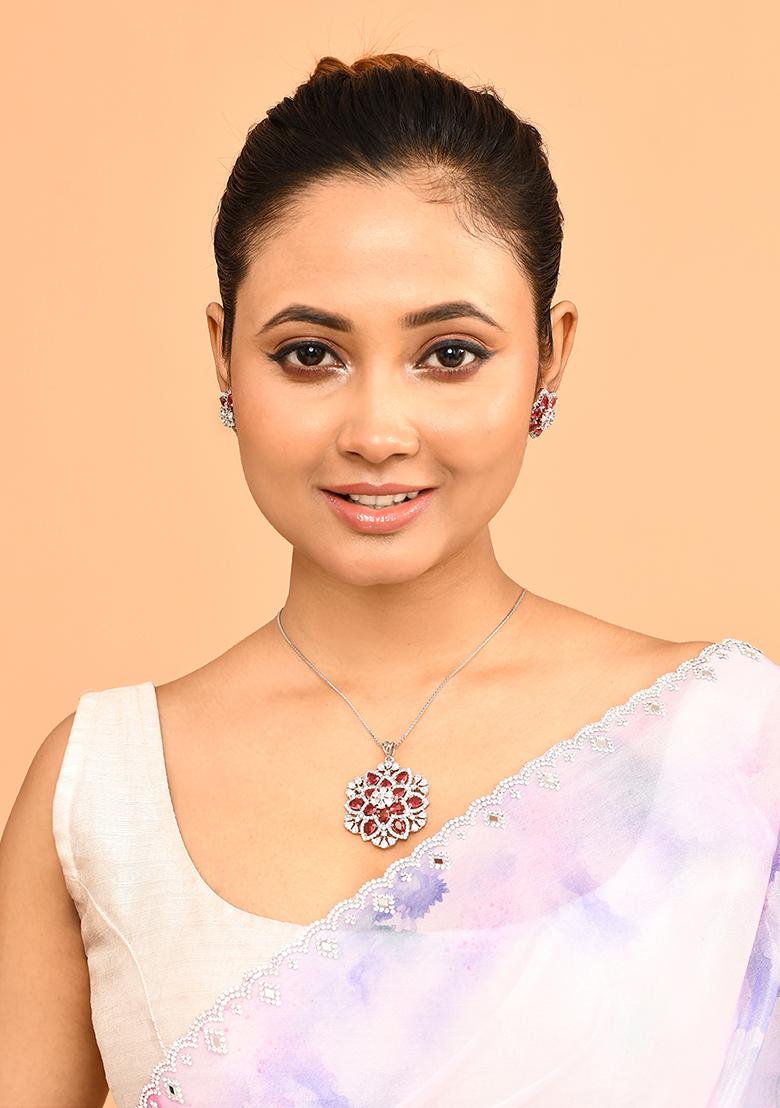 Red 6 Designer Pendant With 1 Pair Of Earring And Gold Plated Chain Jewellery Set