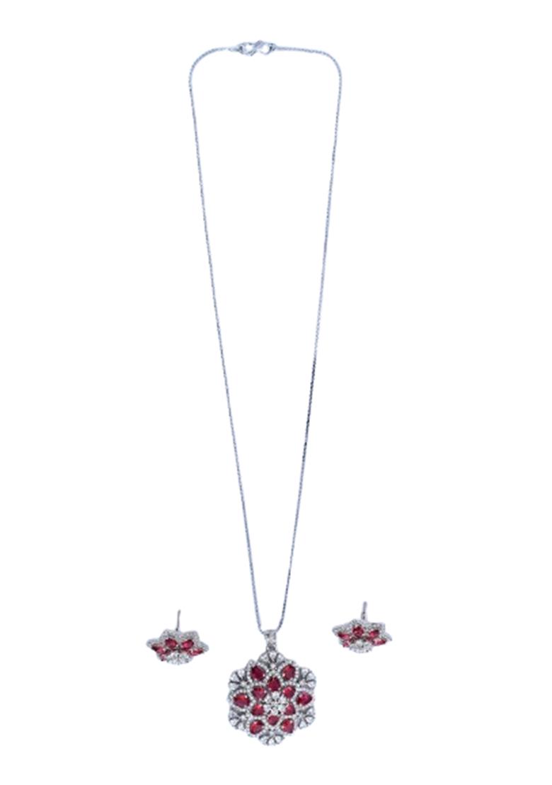 Red 6 Designer Pendant With 1 Pair Of Earring And Gold Plated Chain Jewellery Set