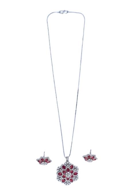 Red 6 Designer Pendant With 1 Pair Of Earring And Gold Plated Chain Jewellery Set