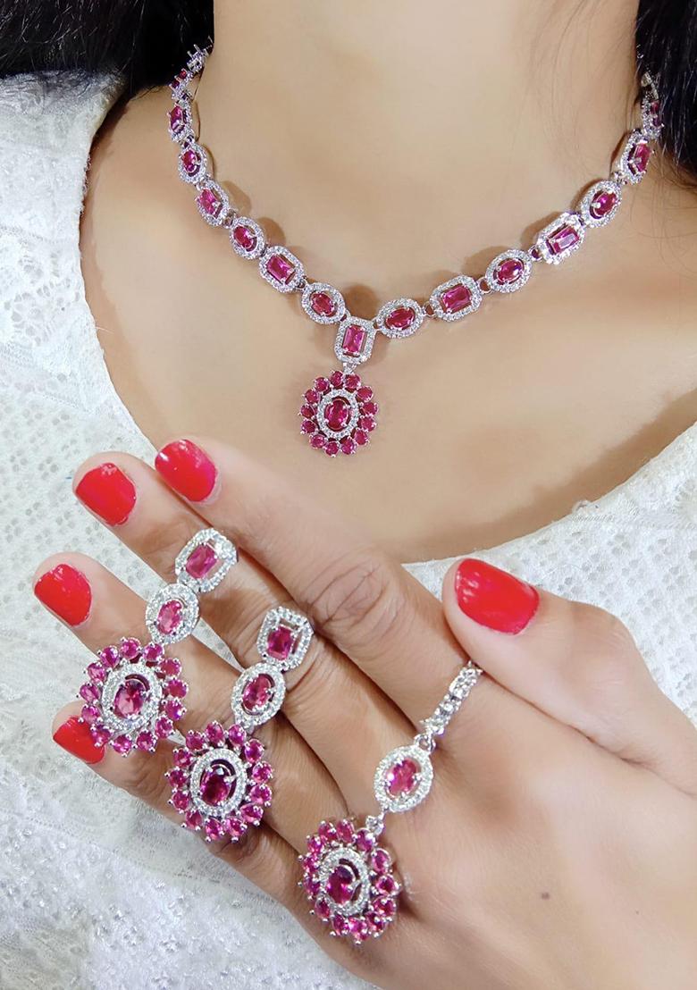 Red Silver Plated Ad Necklace Set