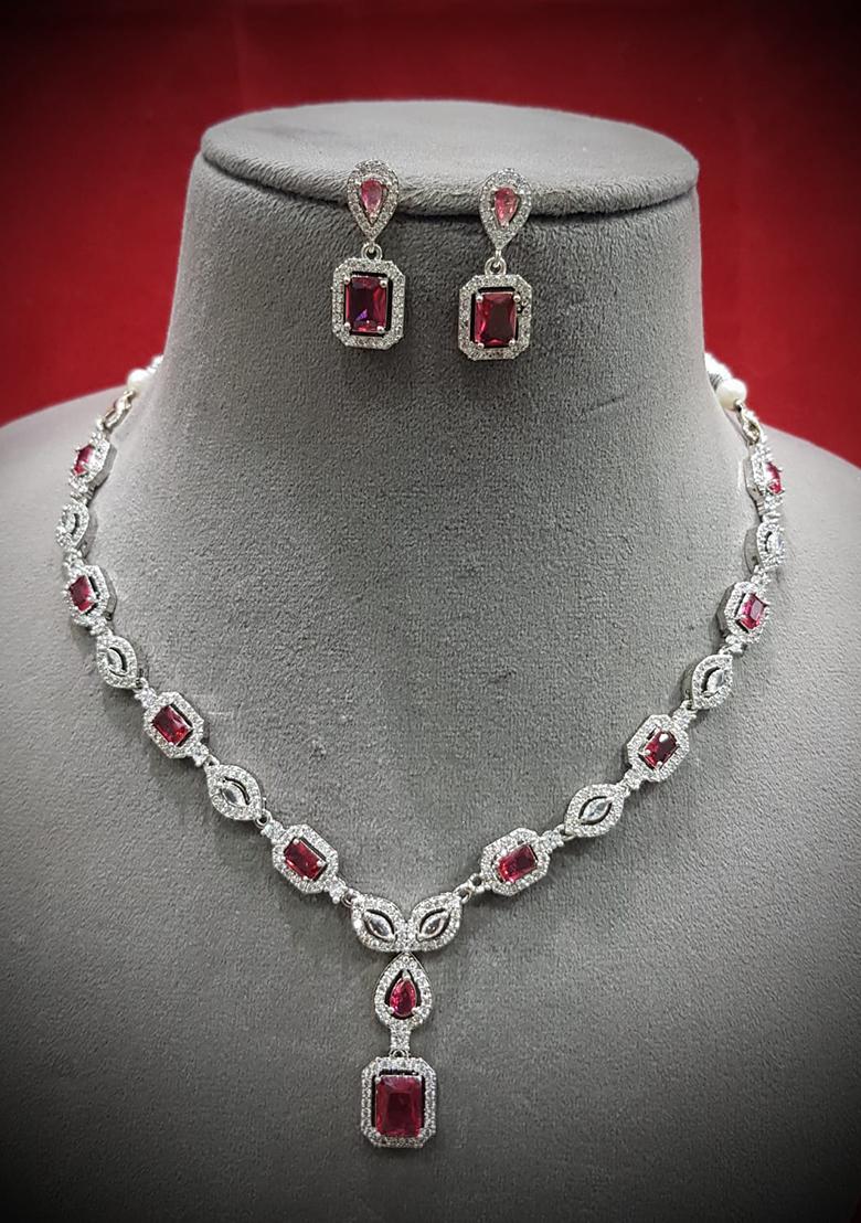 Red Silver Plated Ad Necklace Set