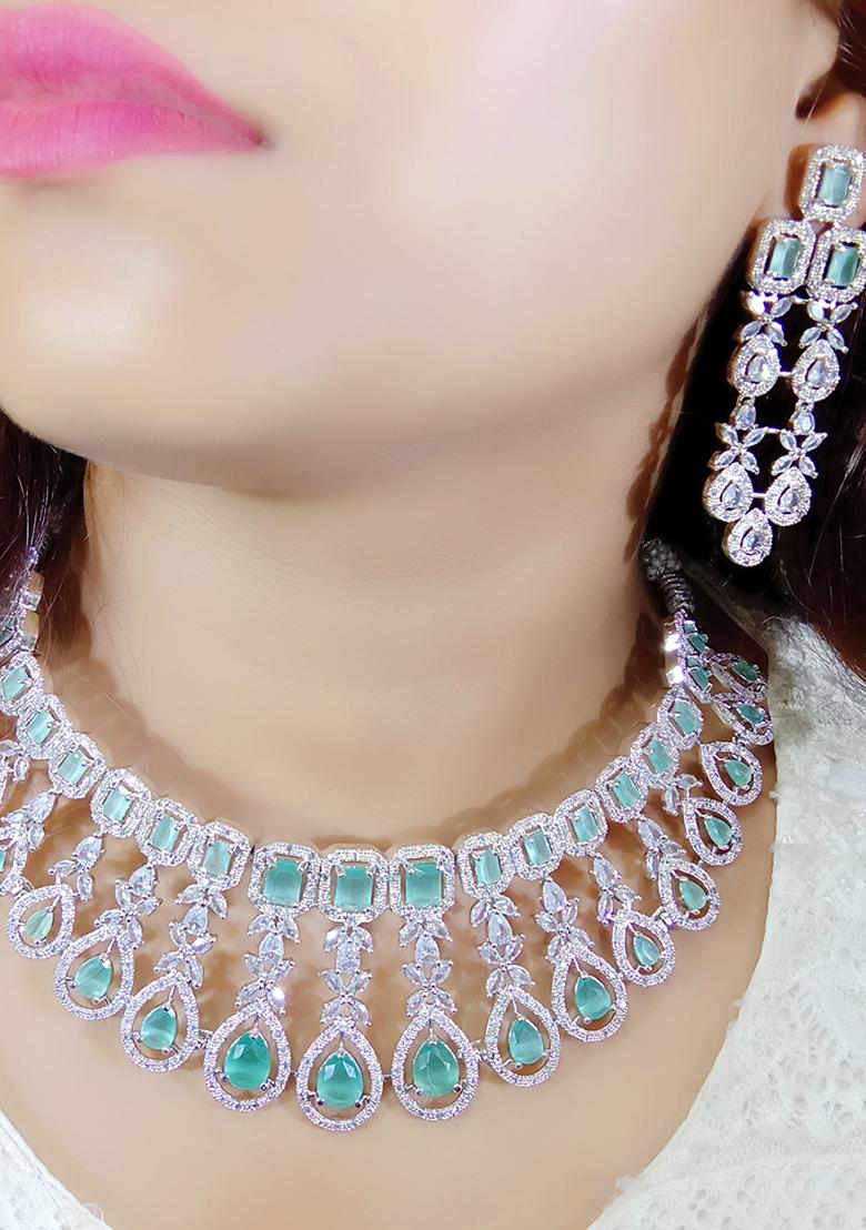 Teal Blue Silver Plated Ad Necklace Set