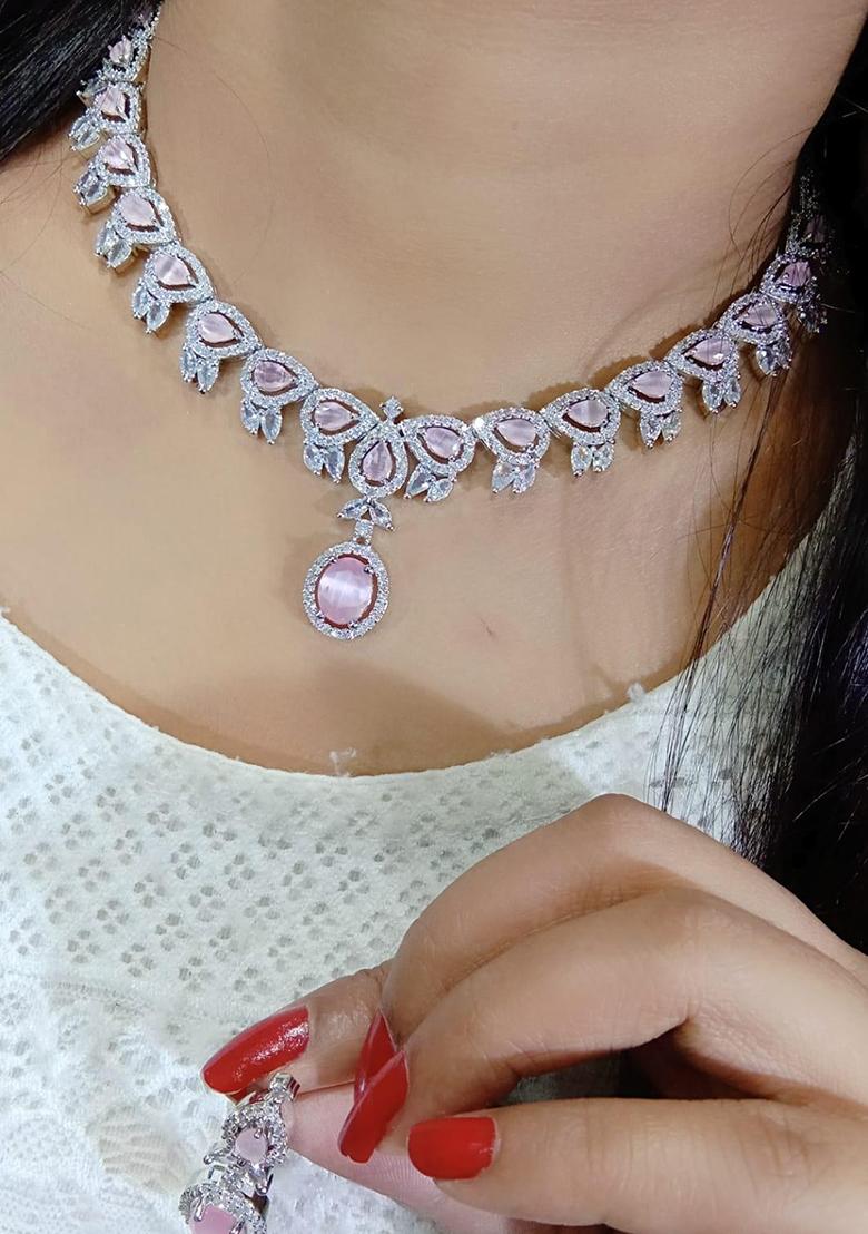 Pink Silver Plated Ad Necklace Set
