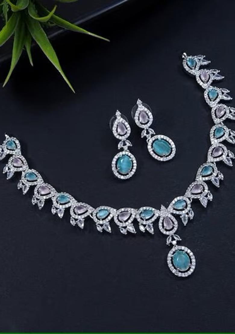 Teal Blue Silver Plated Ad Necklace Set