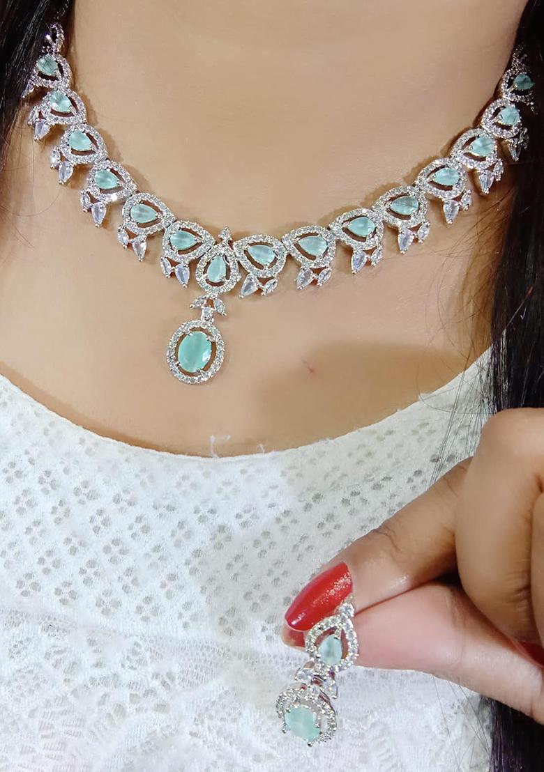 Teal Blue Silver Plated Ad Necklace Set