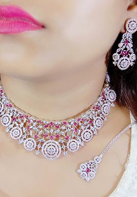 Red Silver Plated Ad Necklace Set