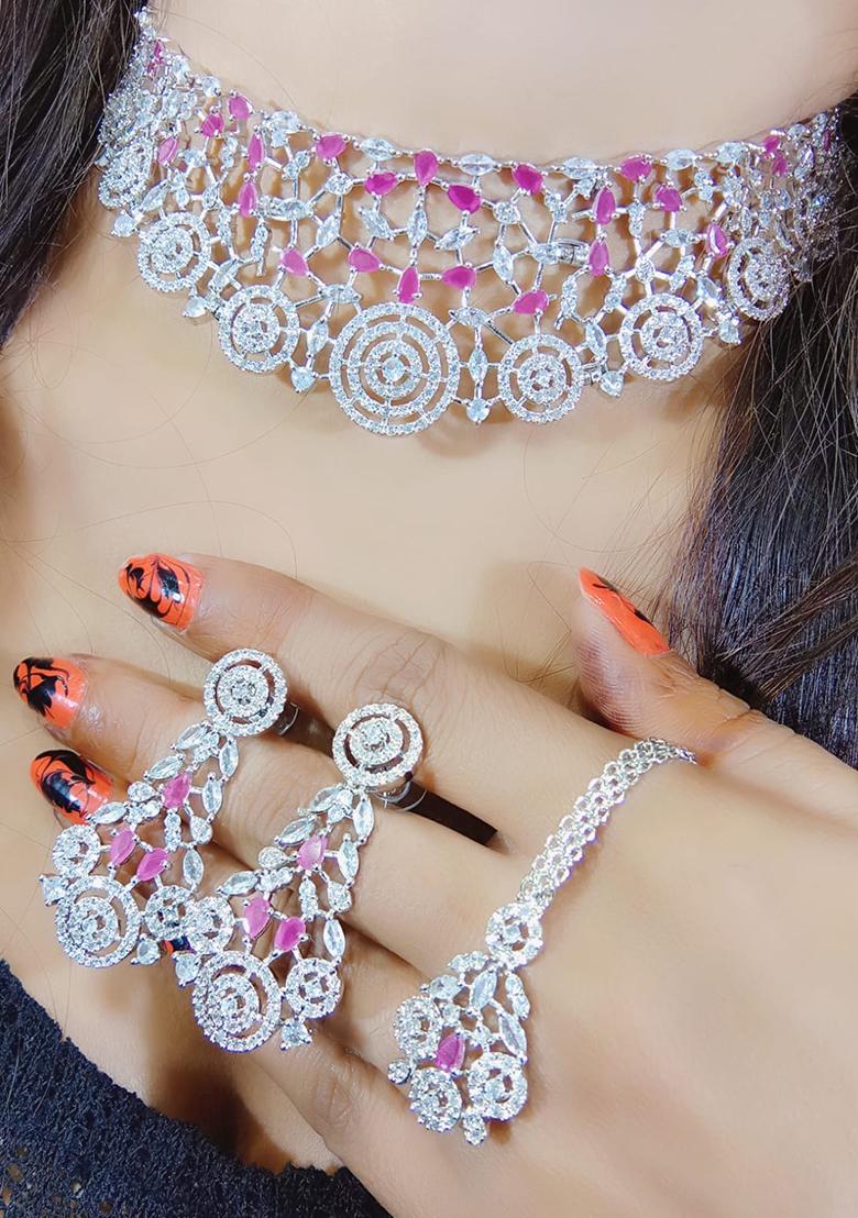 Red Silver Plated Ad Necklace Set