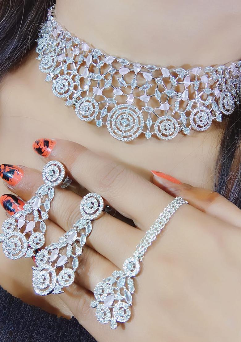 Pink Silver Plated Ad Necklace Set