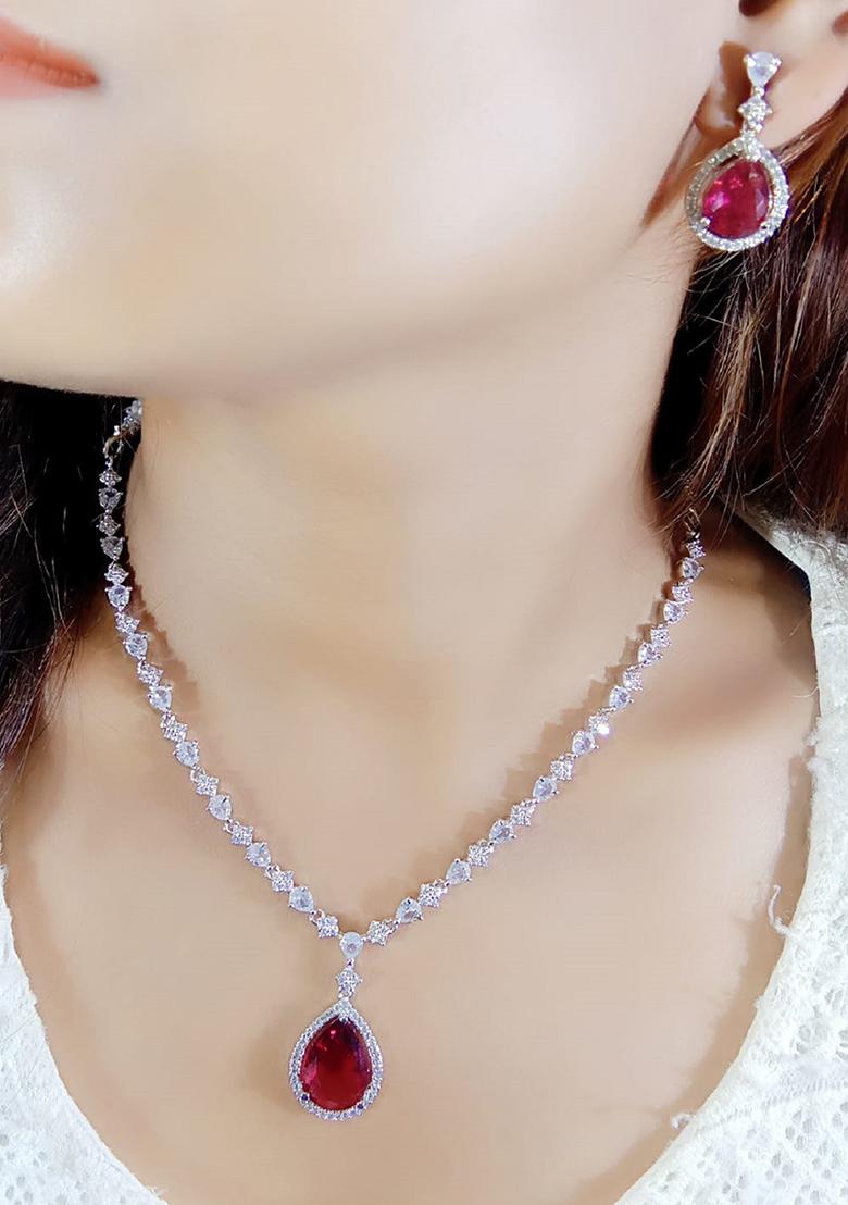 Red Silver Plated Ad Necklace Set