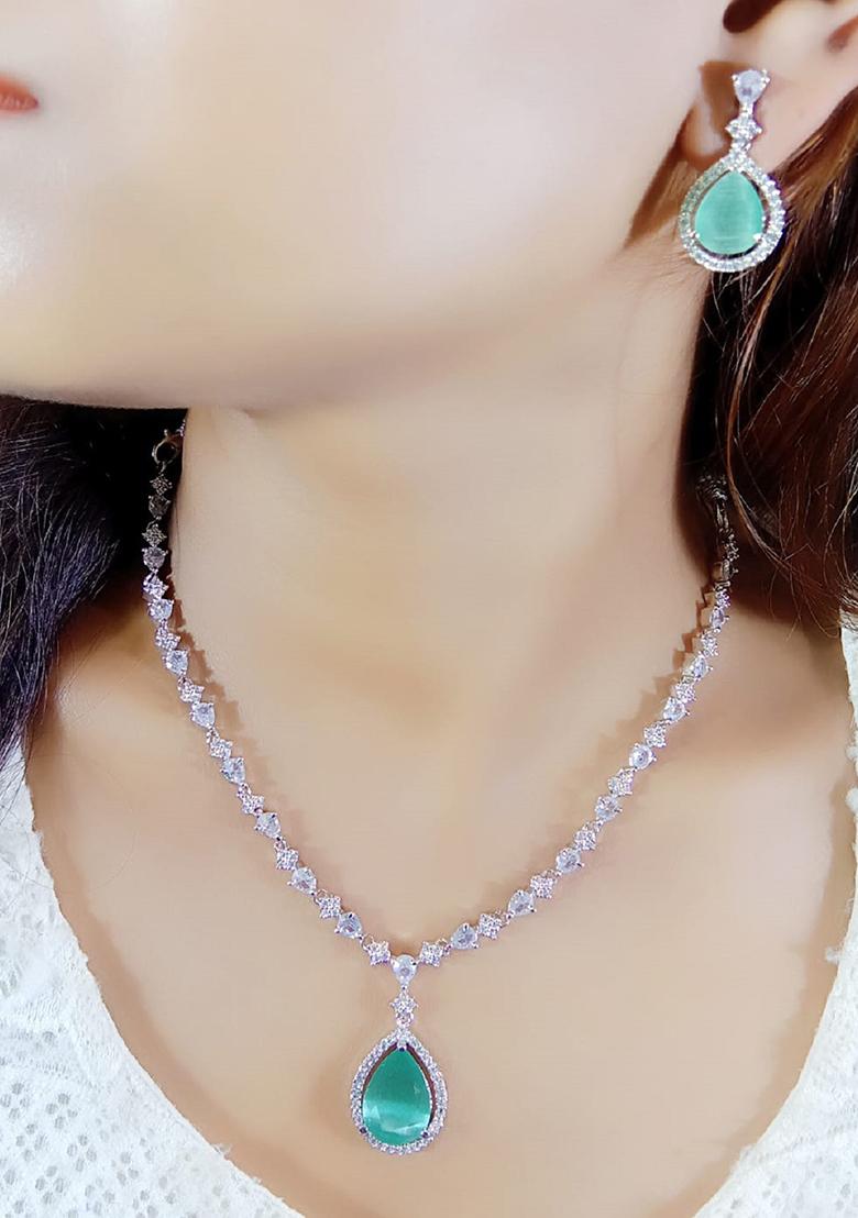 Teal Blue Silver Plated Ad Necklace Set