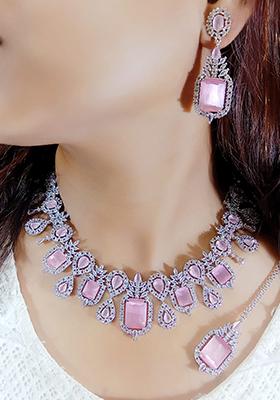 Pink Silver Plated Ad Necklace Set